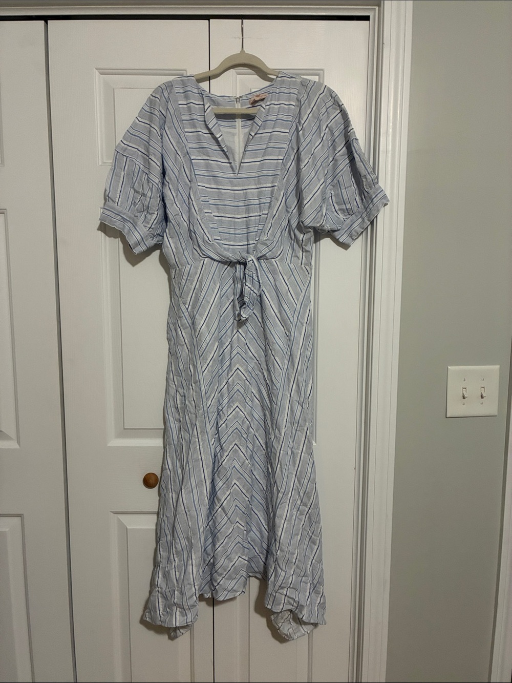 Rebecca Taylor Blue and White Striped Midi Dress with Tie Waist